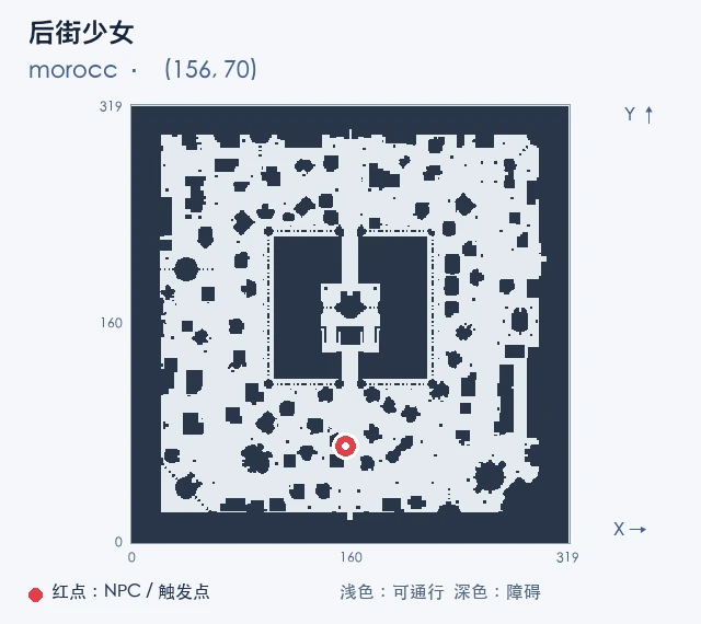 后街少女 · morocc (156, 70),红点标出 NPC 或触发点,浅色为可通行区域