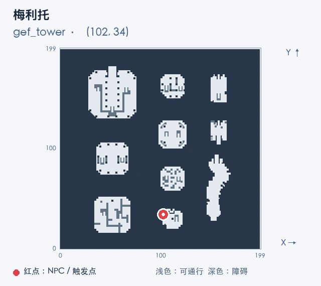 梅利托 · gef_tower (102, 34),红点标出 NPC 或触发点,浅色为可通行区域